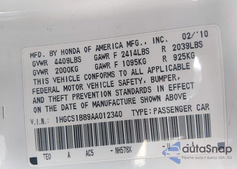 2010 Honda Accord 2.4 Ex-L from USA, damaged, VIN 1HGCS1B89AA012340